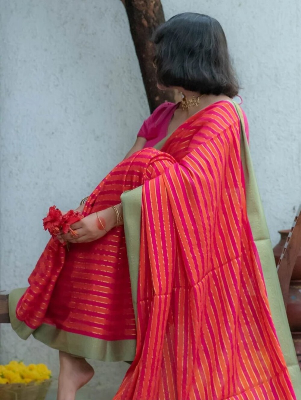 SUTA Vibrant Pink and Orange Striped Women's Saree Only